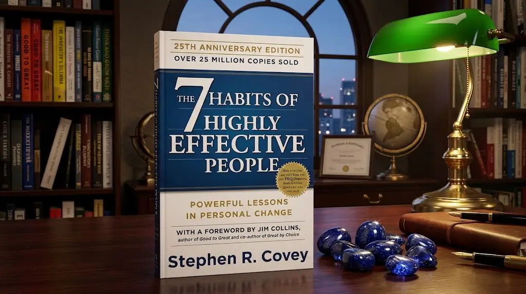 The 7 Habits of Highly Effective People book by Stephen R. Covey on a desk with dark blue shiny stones.