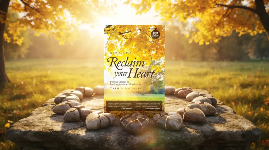 "Book cover for 'Reclaim Your Heart: Personal insights on breaking free from life's shackles' by Yasmin Mogahed, centered in a 16:9 sunlit golden autumn meadow. The book is surrounded by polished river stones meticulously carved into anatomical human hearts that are reassembling, symbolizing spiritual healing and mending. No human figures are present in this inspirational visual.