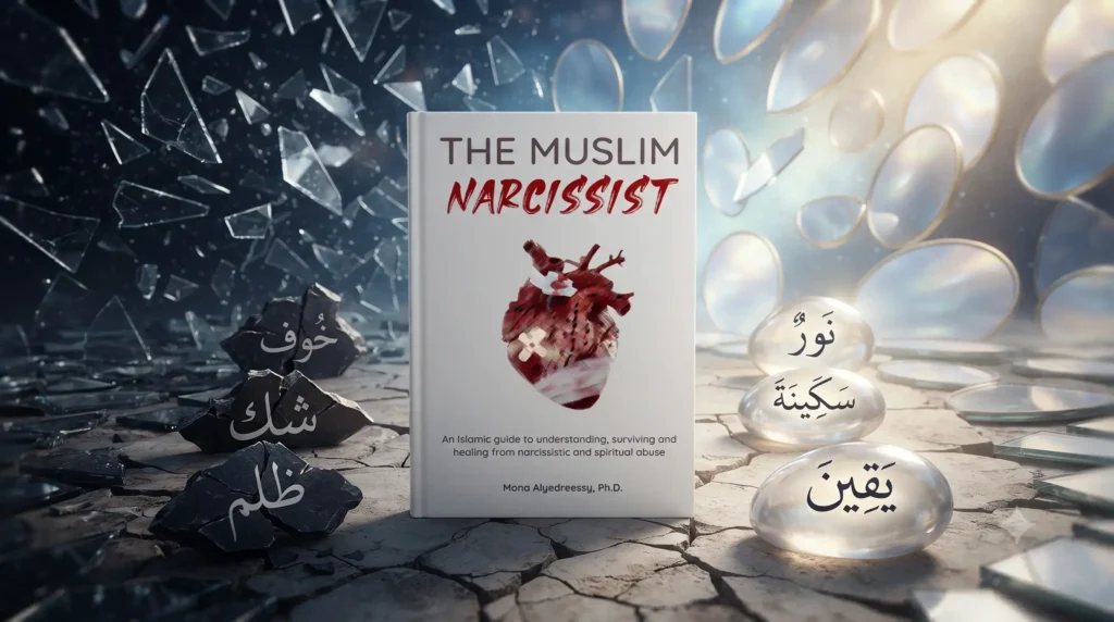 "A powerful 16:9 cinematic photograph centered on the book 'The Muslim Narcissist - An Islamic guide to understanding, surviving and healing from narcissistic and spiritual abuse' by Mona Alyedreessy, Ph.D. The book rests on a cracked stone surface within a symbolic cosmic field of shattered mirrors reflecting divine light. To the left, three jagged, dark stones are inscribed with Arabic calligraphy for pain: خوف (Fear), شك (Doubt), and ظلم (Oppression). To the right, these stones have been transformed into three smooth, luminous, pearlescent orbs inscribed with Arabic calligraphy for healing: نور (Divine Light), سكينة (Divine Tranquility), and يقين (Divine Certainty). No human figures are present in this visual representation of spiritual recovery.