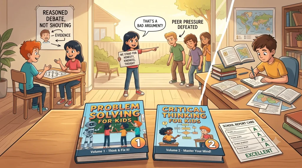 A comic-style illustration showing the real-life benefits of two children's books, 'Problem Solving for Kids' and 'Critical Thinking for Kids'. The image features kids calmly debating, a girl confidently standing up to peer pressure, and a boy studying alongside an A+ report card.