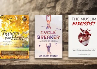A flat-lay photograph featuring three influential self-help and spiritual growth books arranged side-by-side on a rustic wooden table against a textured stone wall background. The books displayed are 'Reclaim Your Heart' by Yasmin Mogahed, which explores breaking free from life’s shackles; 'Cycle Breaker' by Maryam Munir, a guide for healing from trauma and mindful parenting; and 'The Muslim Narcissist' by Mona Alyedreessy, an Islamic guide to understanding and healing from narcissistic abuse. The image serves as a thematic collection for readers interested in personal development, emotional healing, and faith-based self-improvement.