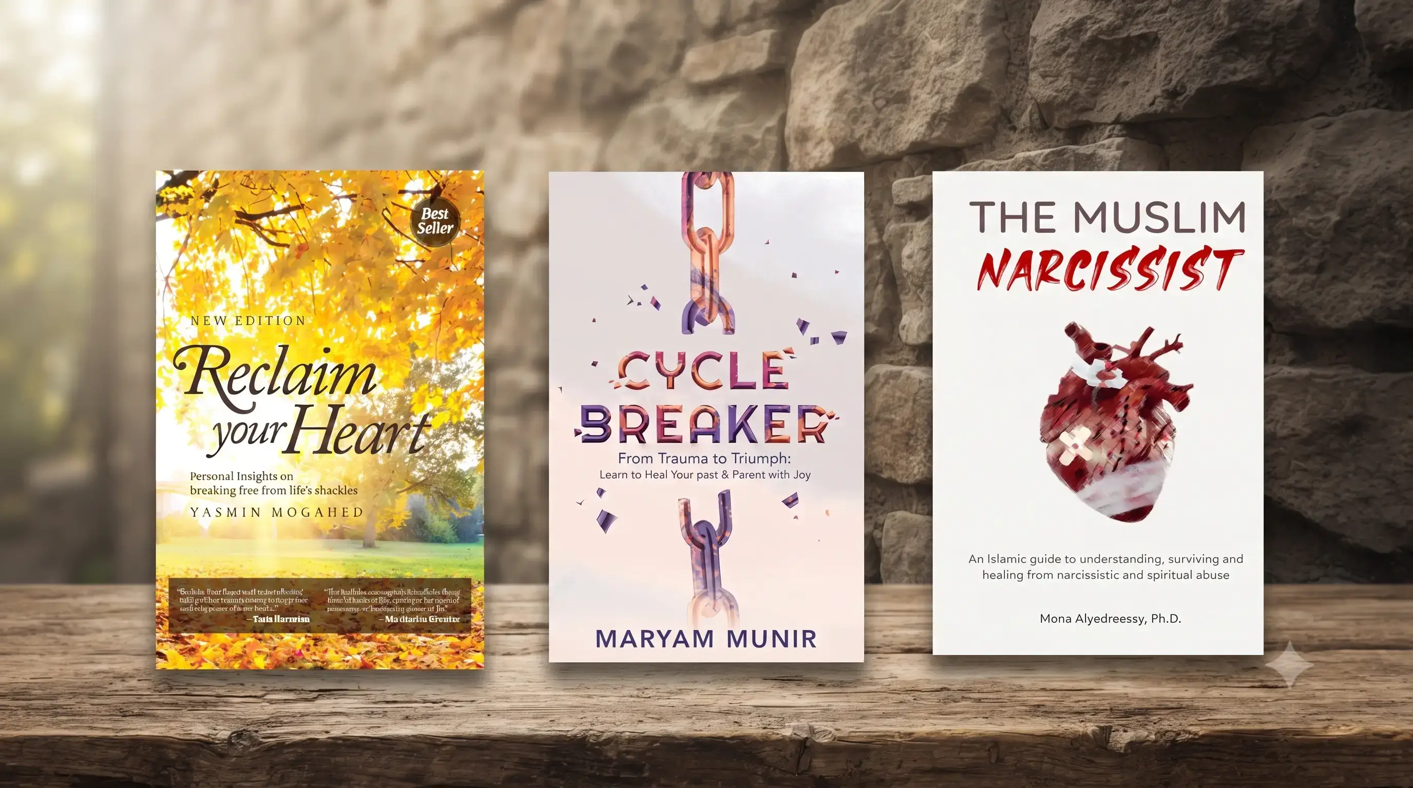 A flat-lay photograph featuring three influential self-help and spiritual growth books arranged side-by-side on a rustic wooden table against a textured stone wall background. The books displayed are 'Reclaim Your Heart' by Yasmin Mogahed, which explores breaking free from life’s shackles; 'Cycle Breaker' by Maryam Munir, a guide for healing from trauma and mindful parenting; and 'The Muslim Narcissist' by Mona Alyedreessy, an Islamic guide to understanding and healing from narcissistic abuse. The image serves as a thematic collection for readers interested in personal development, emotional healing, and faith-based self-improvement.