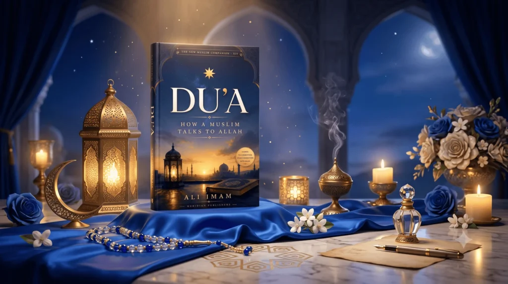 Luxurious Islamic still life featuring the book 'Du'a: How a Muslim Talks to Allah' by Ali Imam standing on royal blue silk, surrounded by a glowing brass lantern, crystal tasbih prayer beads, a crescent moon, and flowers against a backdrop of Islamic arches at blue hour.