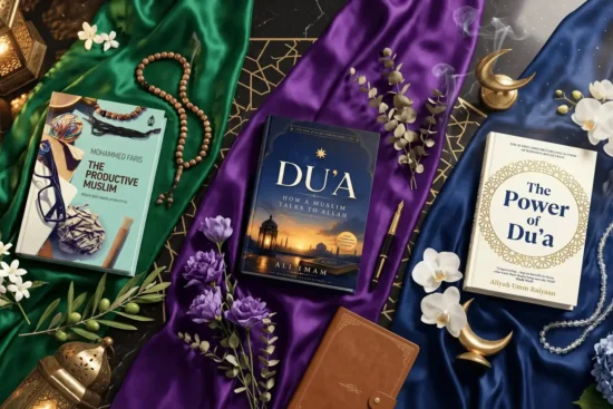 Luxury flat-lay of three Islamic books—The Productive Muslim, Du'a, and The Power of Du'a—arranged on emerald, violet, and blue silk over a black marble table with prayer beads and lanterns.