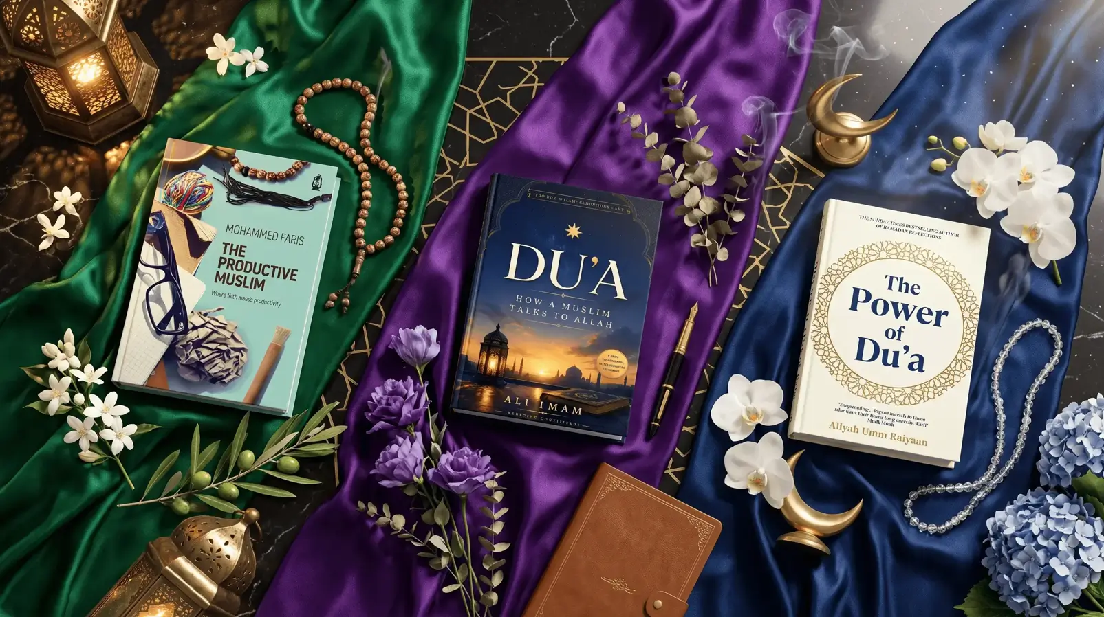 Luxury flat-lay of three Islamic books—The Productive Muslim, Du'a, and The Power of Du'a—arranged on emerald, violet, and blue silk over a black marble table with prayer beads and lanterns.