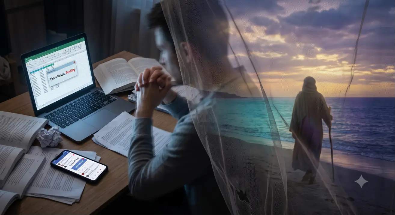 A visual from the Meeting of Two Seas book review illustrating "the veil of the temporal world." A stressed teenager panics over failing an exam and losing a friend, separated by a sheer veil from the wise guide Khidr, who walks peacefully by the ocean representing the hidden Real.