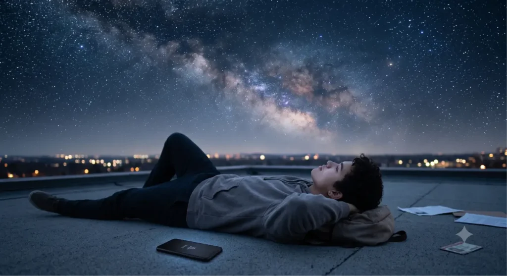 A visual for the Meeting of Two Seas book review showing a teenager lying on a rooftop at night, staring thoughtfully into a massive starry sky. His smartphone is silenced and placed aside, perfectly illustrating the concept of "unplugging the noise" to find silence, solitude, and connection with the inner self.
