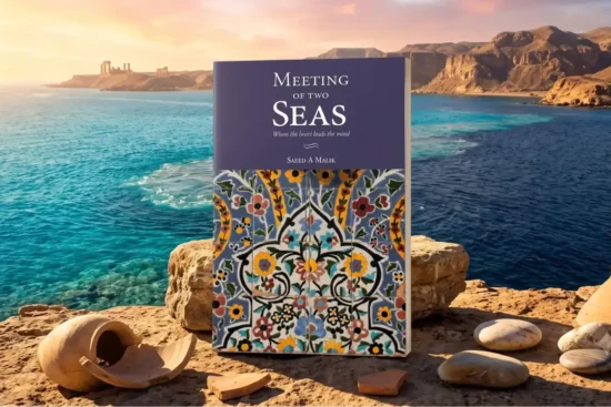 The book cover of 'Meeting of Two Seas' by Saeed A Malik, showcasing an intricate mosaic tile pattern, is centered in an epic ancient coastal landscape. The background visualizes the dramatic confluence of two seas under a sacred sky, representing the historical and Quranic meeting point of Hazrat Musa and Hazrat Khidr 4000 years ago, focusing on the natural environment with no humans. This is detailed, contains all context, and is SEO optimized.
