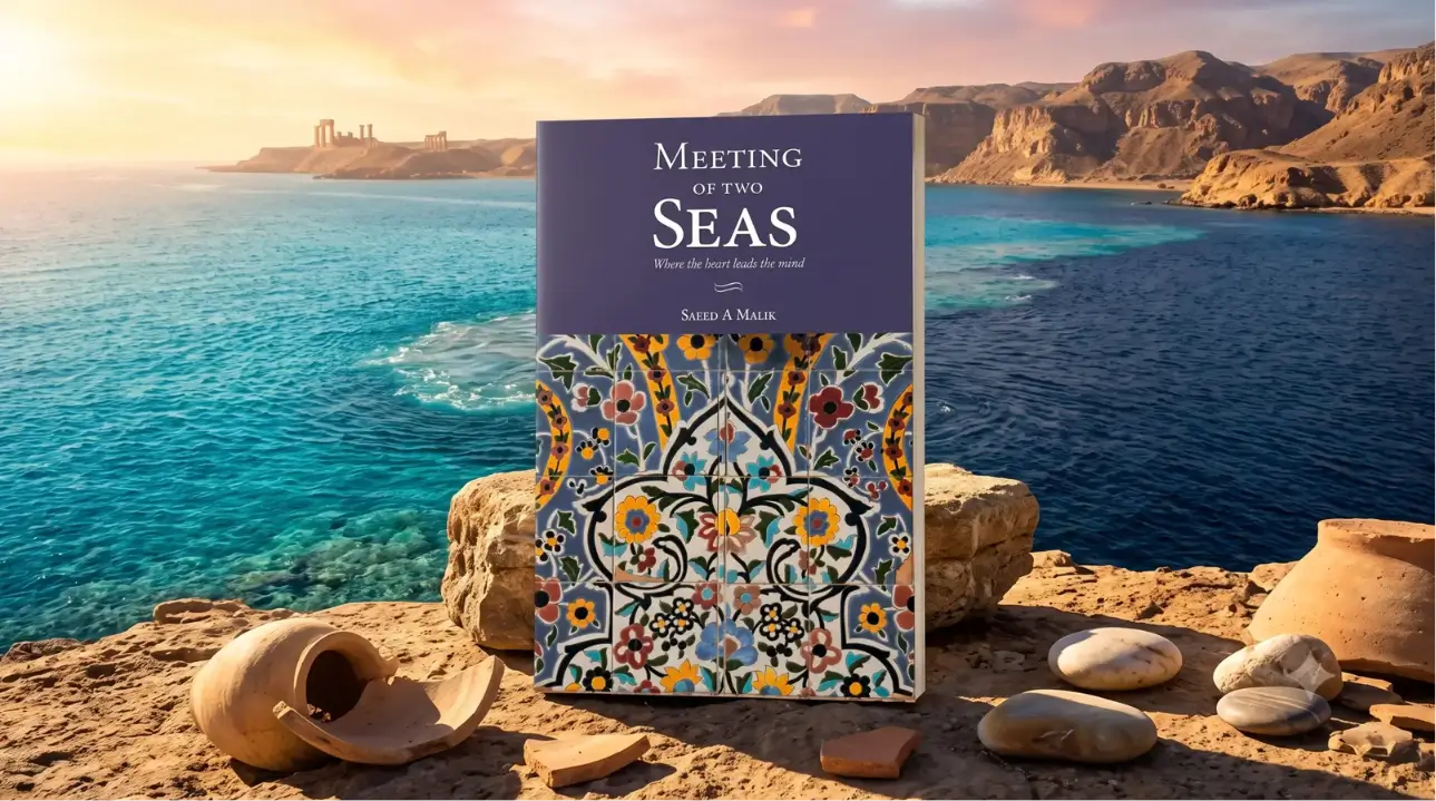 The book cover of 'Meeting of Two Seas' by Saeed A Malik, showcasing an intricate mosaic tile pattern, is centered in an epic ancient coastal landscape. The background visualizes the dramatic confluence of two seas under a sacred sky, representing the historical and Quranic meeting point of Hazrat Musa and Hazrat Khidr 4000 years ago, focusing on the natural environment with no humans. This is detailed, contains all context, and is SEO optimized.