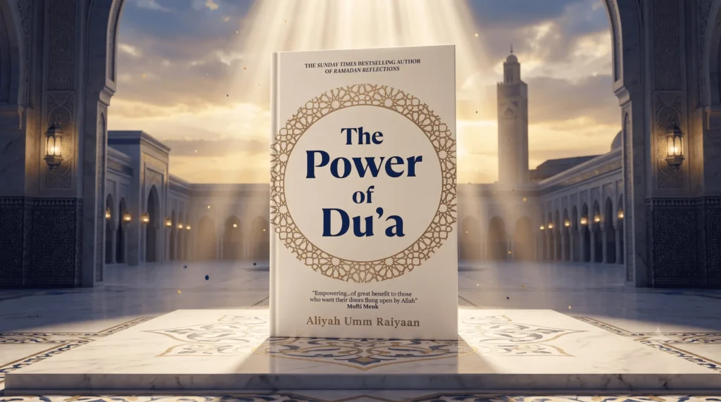 The Power of Du'a spiritual book by Aliyah Umm Raiyaan centered on an elegant marble dais with volumetric lighting and traditional Islamic architecture.