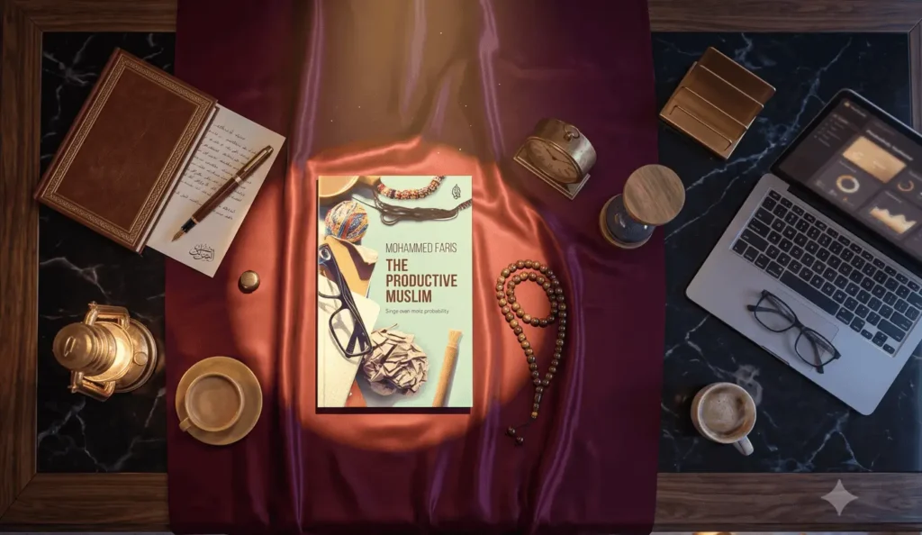 Overhead view of The Productive Muslim book by Mohammed Faris on a luxury desk with a tasbih, journal, and laptop.